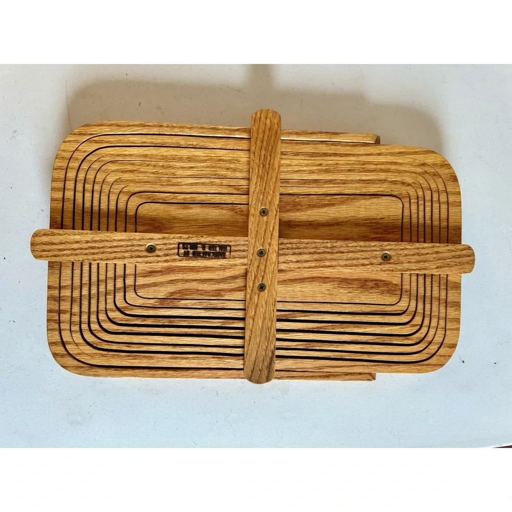 MCM Folding Collapsible Rectangle Wooden Fruit Basket With Handle Walter B Holts